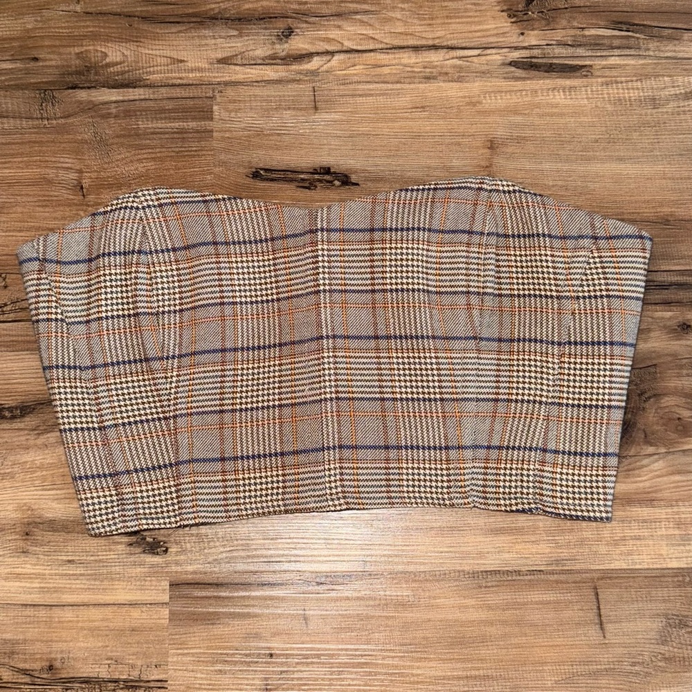 REVOLVE L'Academie Checkered Strapless Top in Brown and Tan